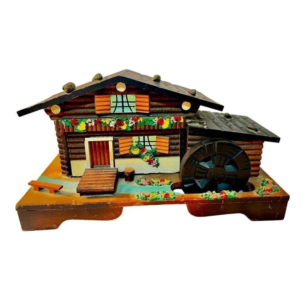 VTG 1960's Log Cabin Cottage Mill Moving Water Wheel Jewelry Music Box Japan